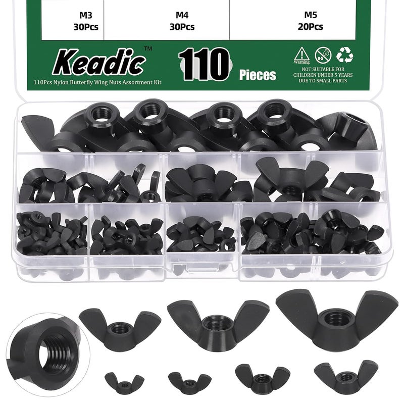 Keadic 110Pcs Nylon Metric Wing Nuts Assortment Set, M3 M4 M5 M6 M8 M10 M12 Hand Twist Tighten Ear Butterfly Nut Wingnuts for Home Building Industry (Black) - Image 1